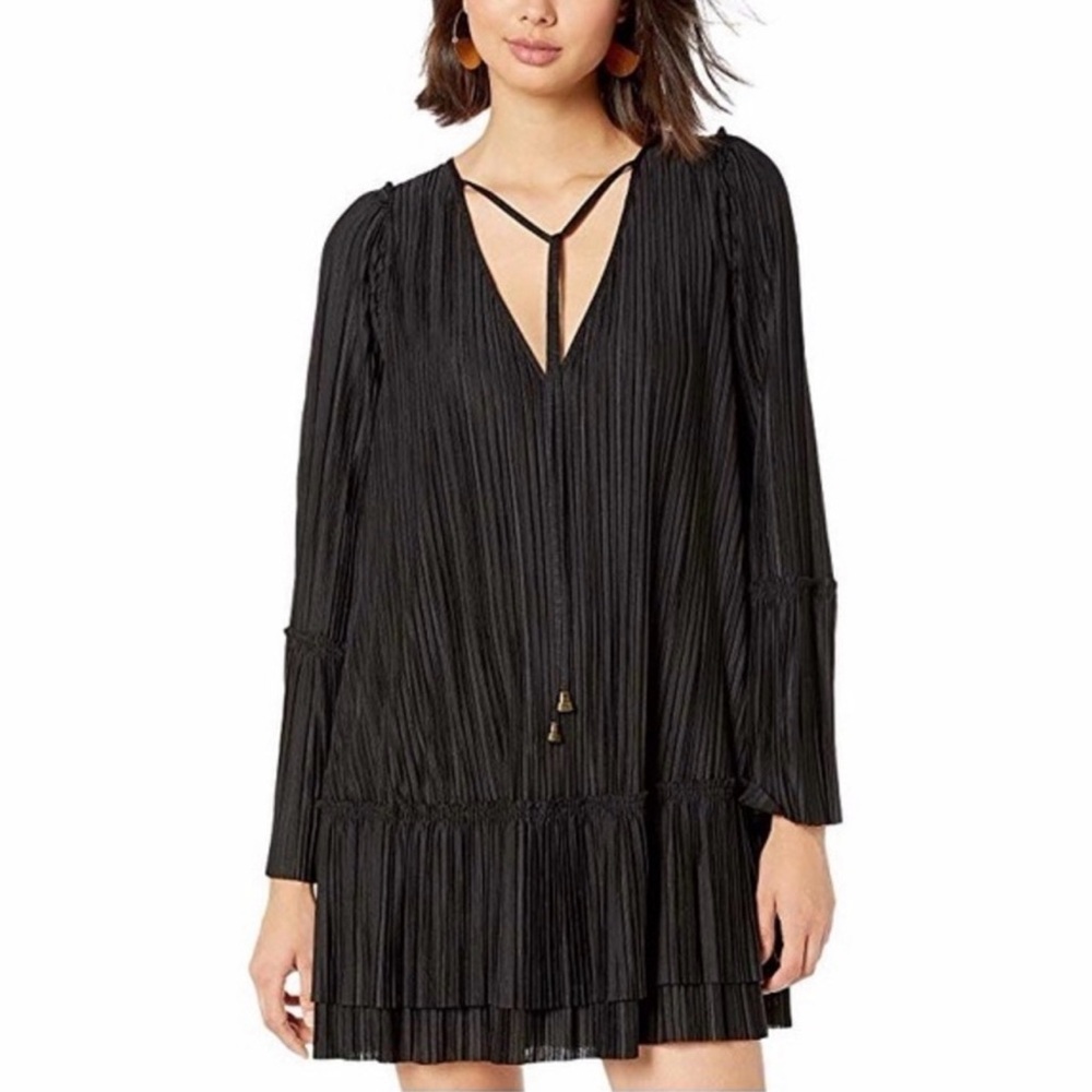 Free People Black Pleated Long Sleeve V-Neck Mini Dress